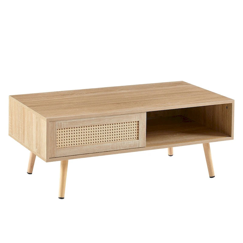 Table basse moderne, table basse rectangulaire en bois avec panneau de porte en rotin tressé et pieds en bois massif